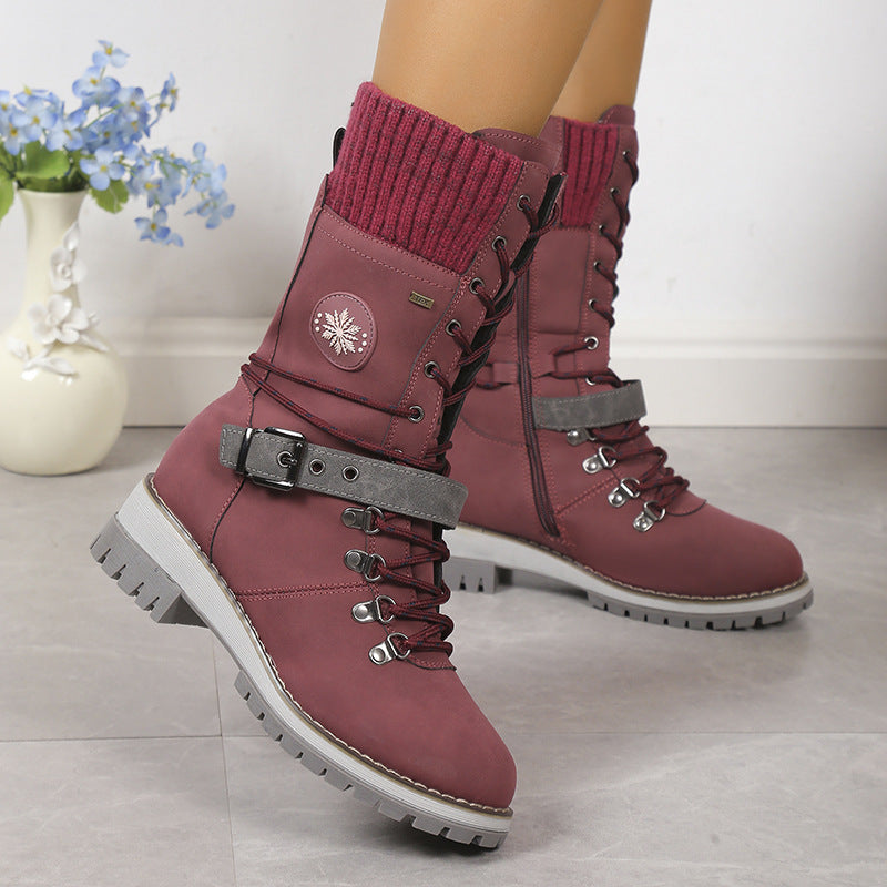 Fiorelle Women's Nordic Knit Combat Boot - High-Shaft Thermal Cotton Lined Snow Boots with Block Heel & Leather Accents Design (US 5-10.5)