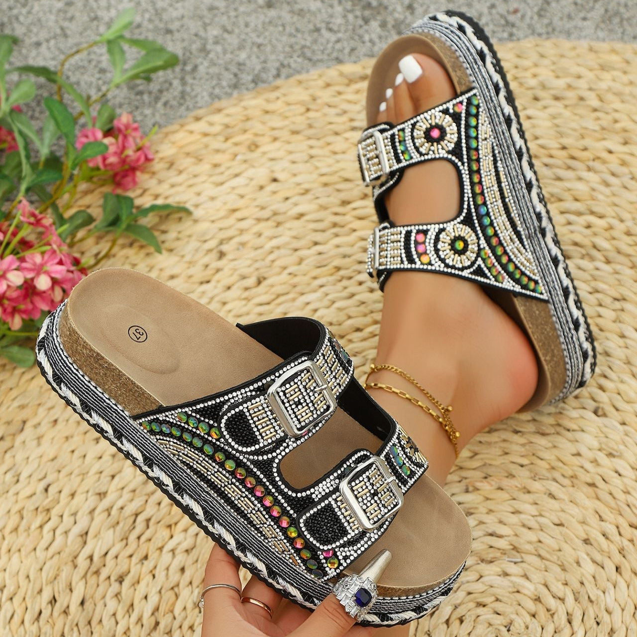 Fiorelle Women’s Calyra Rhinestone Platform Slide Sandals – Boho Metallic Buckle Rope Detail Resort Slides (US 5–10.5)