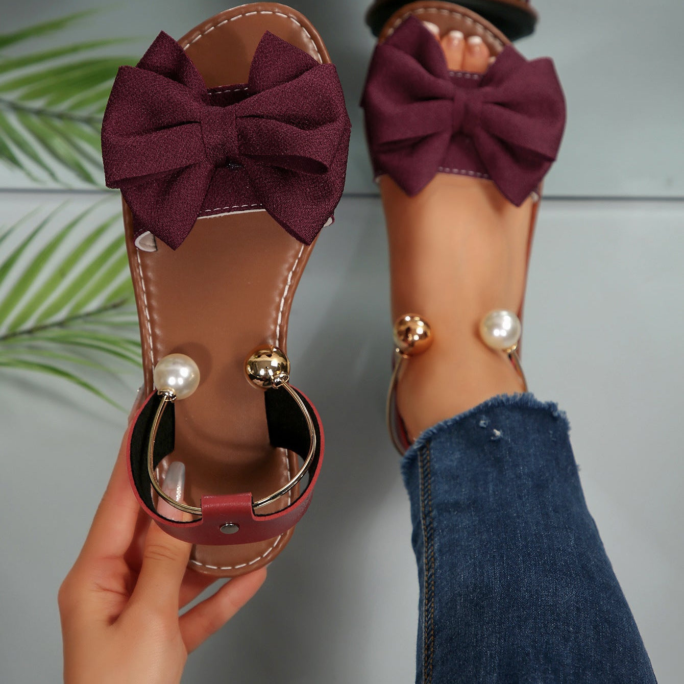 Fiorelle Women’s Serelle Pearl Bow Flat Slides – Minimalist Ankle Strap Casual Sandals (US 5–10.5)