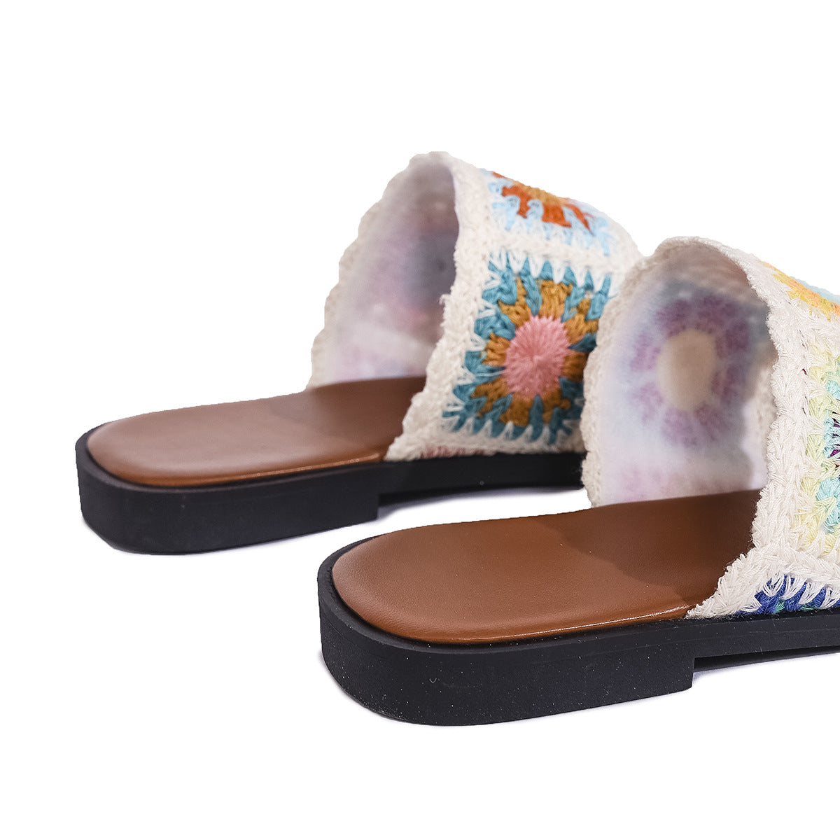 Fiorelle Women’s SunBloom Knit Flat Slides – Square-Toe Boho Embroidered Sandals (US 5–10)