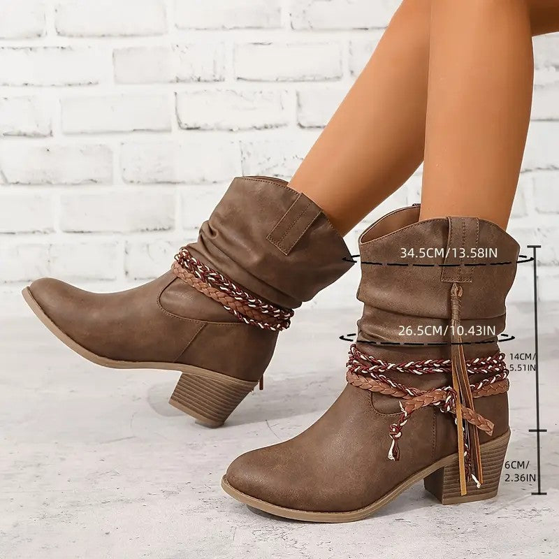 Fiorelle Women's Western Tassel Boots - Braided Buckle Cowboy Ankle Boots with Block Heel & Pointed Toe (US 5-10)