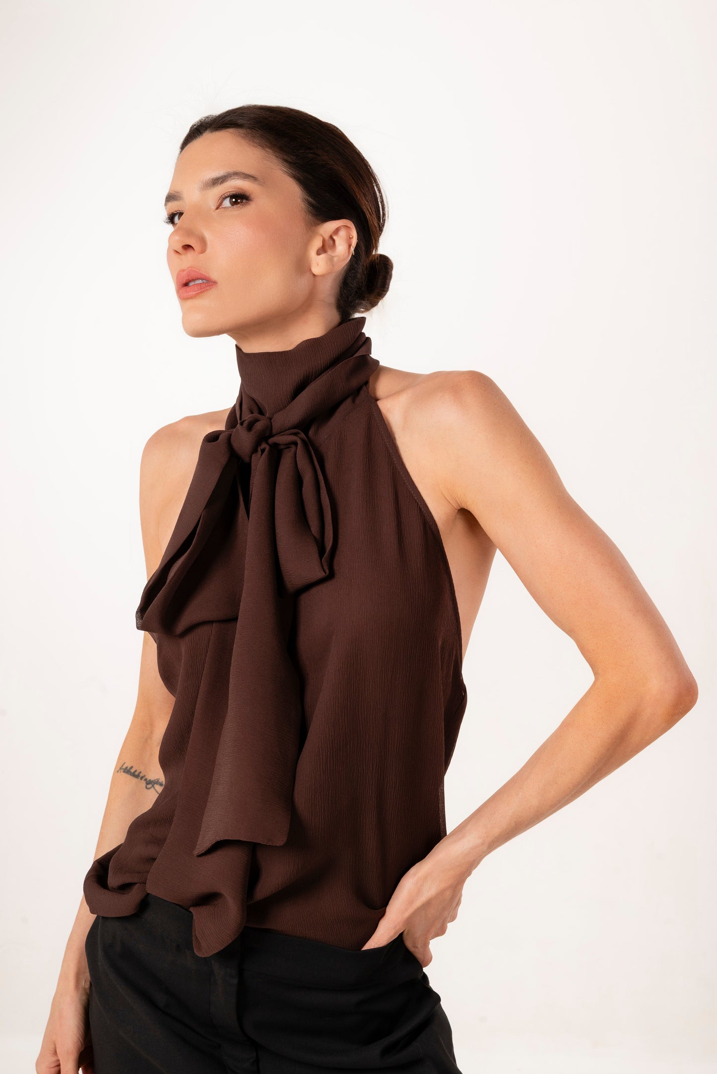 MIA BROWN SILK HALTER TOP