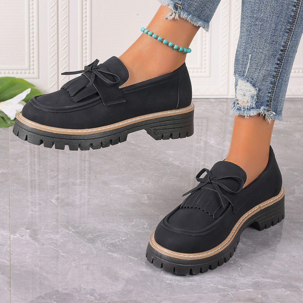 Fiorelle Women's Plus Size Chic Tassel Chunky Heel Bowknot Loafers Casual Shoes