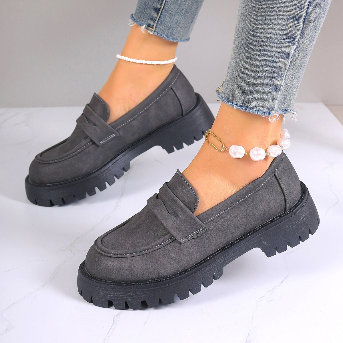 Fiorelle Women's Plus Size Retro Suede Loafers Slip-On Shoes with Chunky Heel Platform