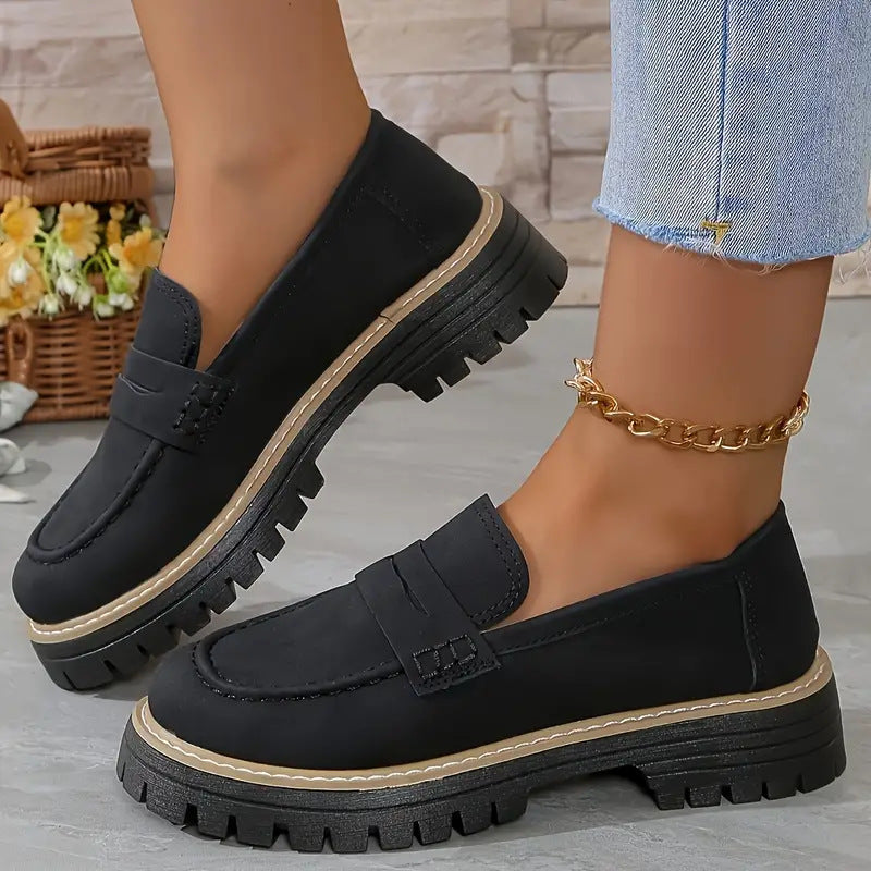 Fiorelle Women's Plus Size Casual Retro Suede Loafers with Chunky Heel Platform