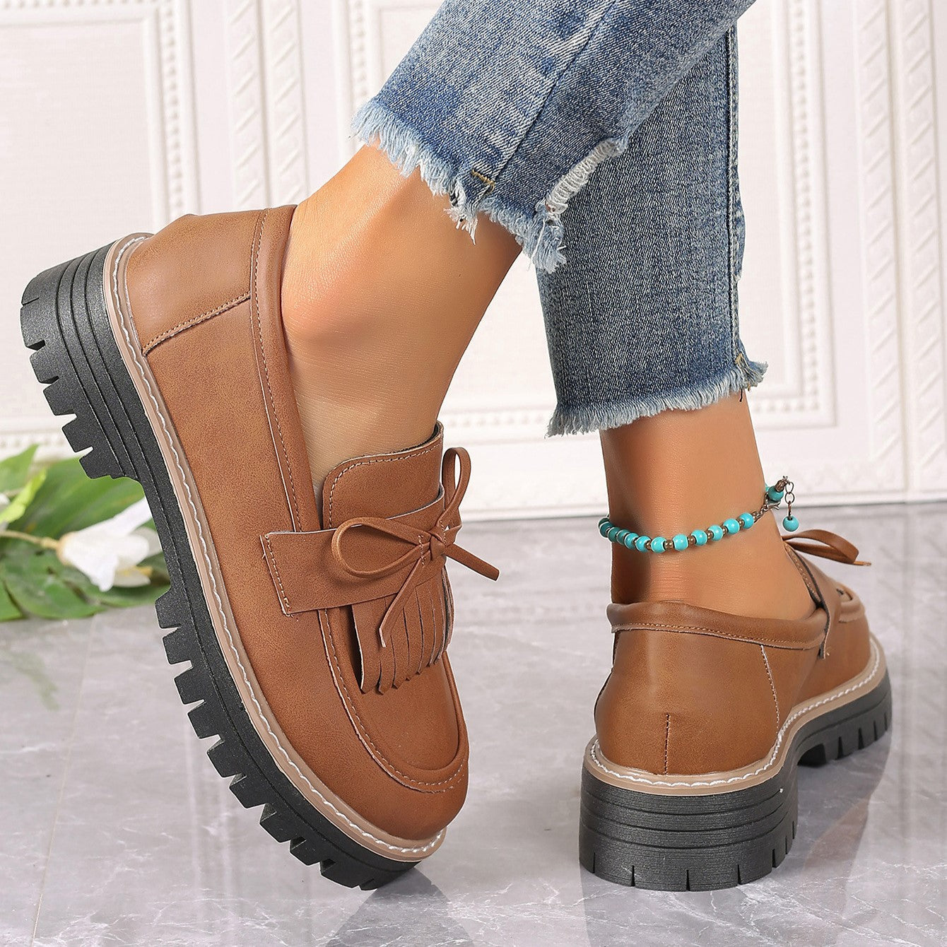 Fiorelle Women's Plus Size Chic Tassel Chunky Heel Bowknot Loafers Casual Shoes