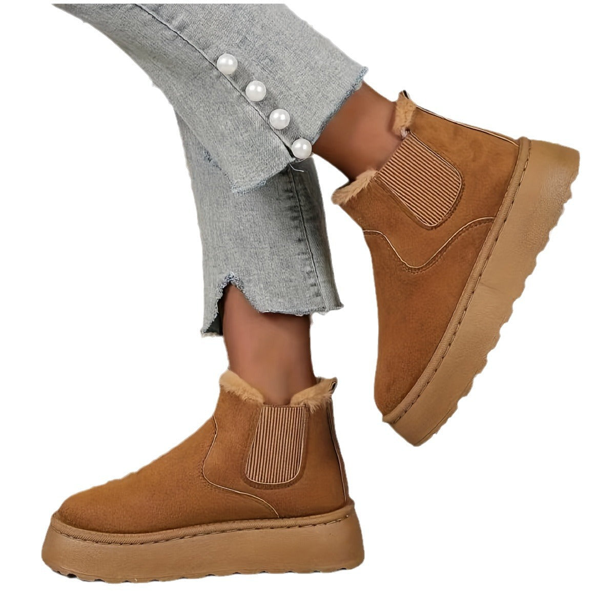 Fiorelle 2025 Autumn/Winter Women's New Arrivals Thick-Soled Snow Boots with Fur Lining, Round Toe Slip-On Cotton Boots