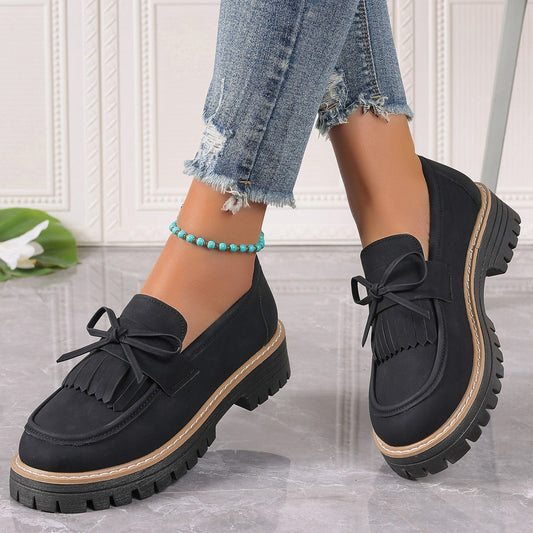Fiorelle Women's Plus Size Chic Tassel Chunky Heel Bowknot Loafers Casual Shoes