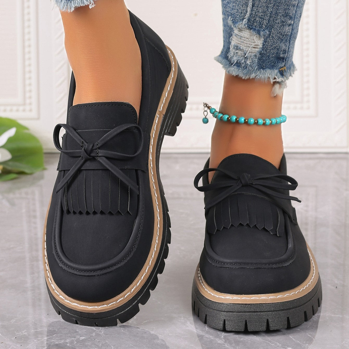 Fiorelle Women's Plus Size Chic Tassel Chunky Heel Bowknot Loafers Casual Shoes