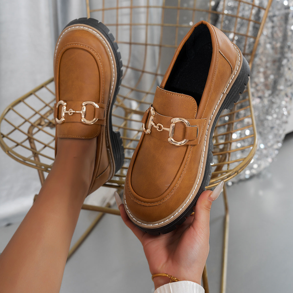 Fiorelle Women's Plus Size Retro Colorblock Loafers Chunky Heel Platform Casual Shoes
