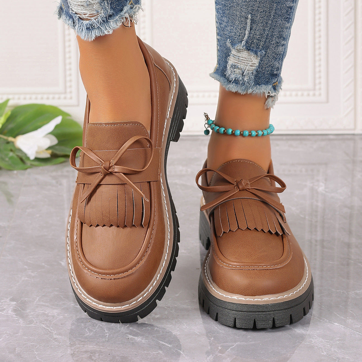 Fiorelle Women's Plus Size Chic Tassel Chunky Heel Bowknot Loafers Casual Shoes
