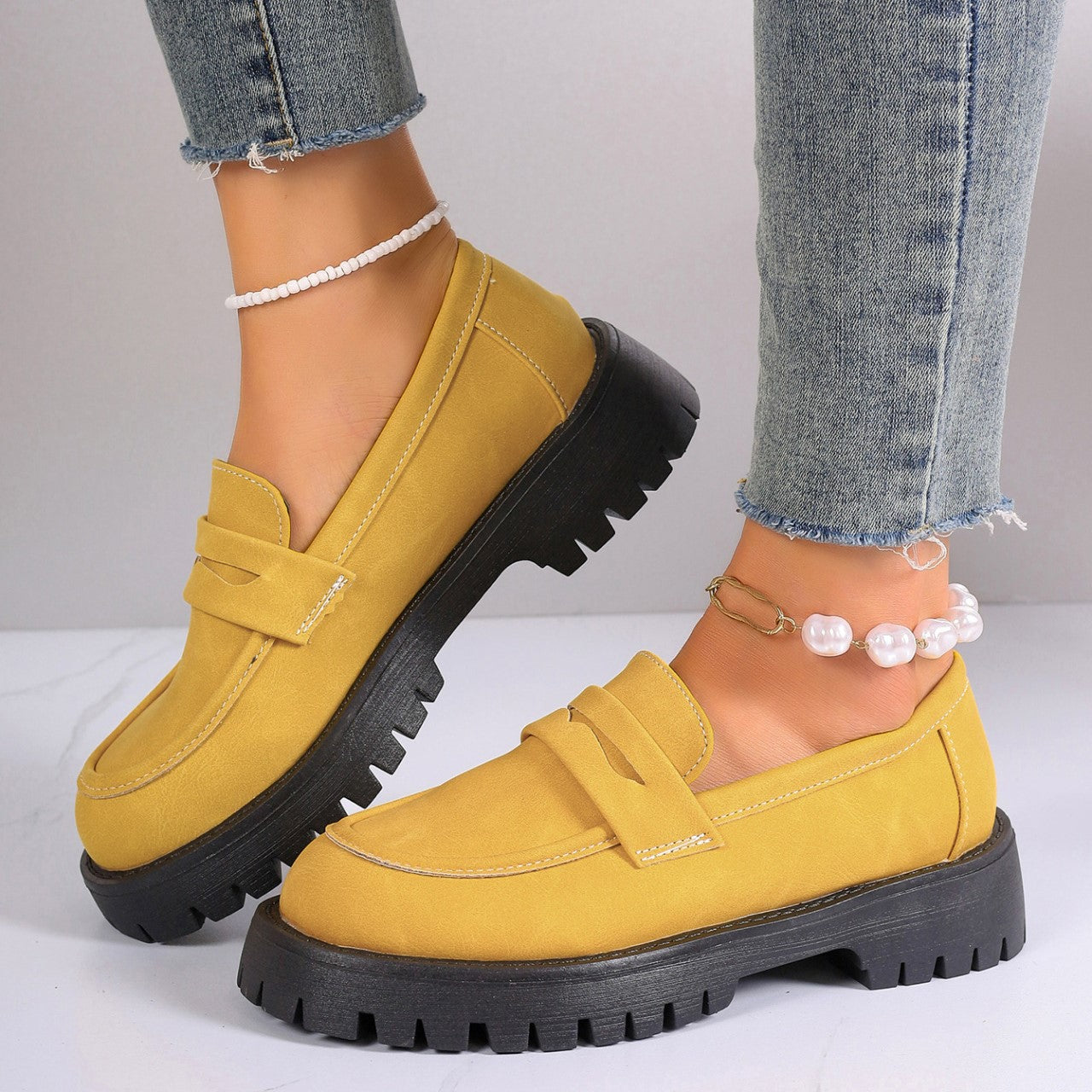 Fiorelle Women's Plus Size Retro Suede Loafers Slip-On Shoes with Chunky Heel Platform