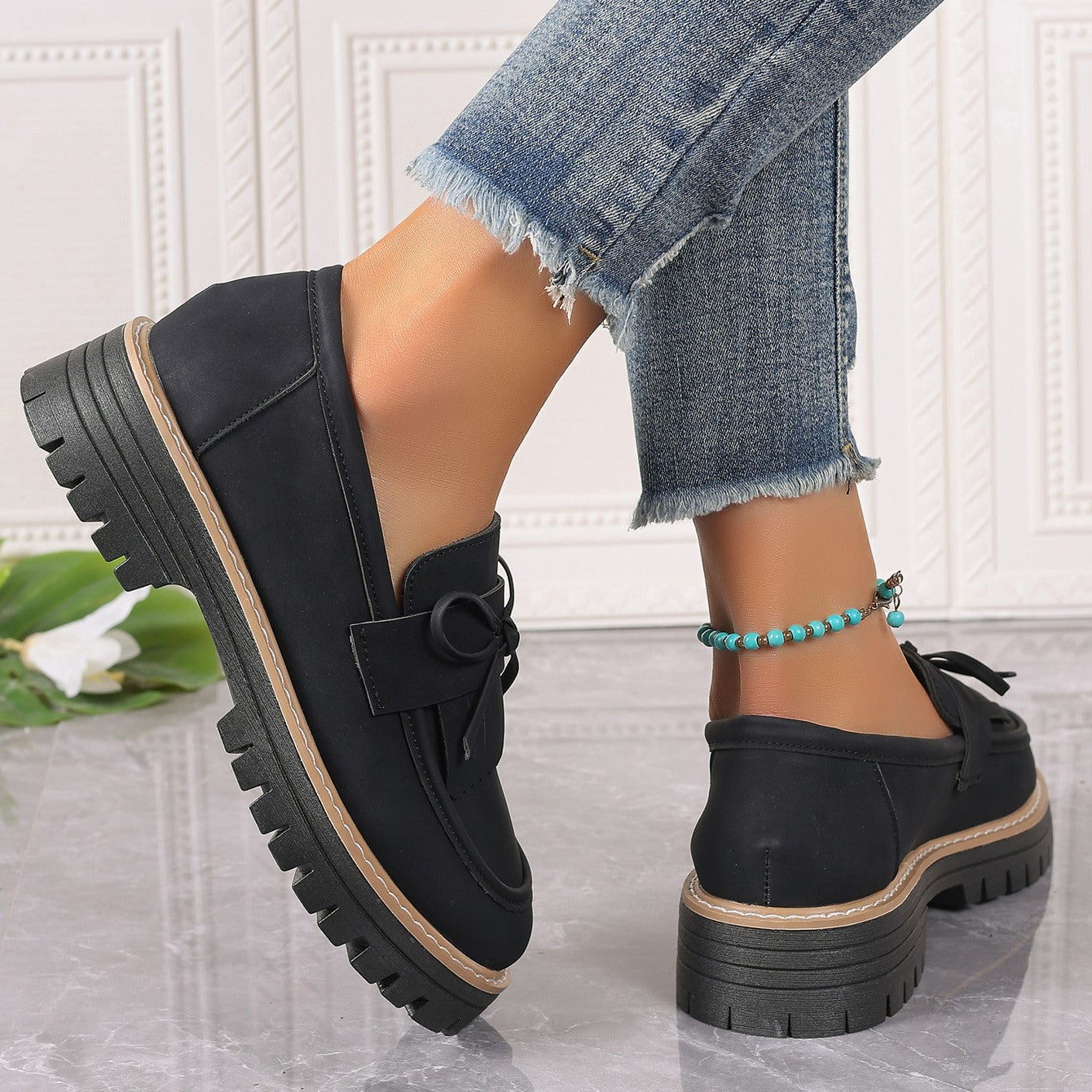 Fiorelle Women's Plus Size Chic Tassel Chunky Heel Bowknot Loafers Casual Shoes