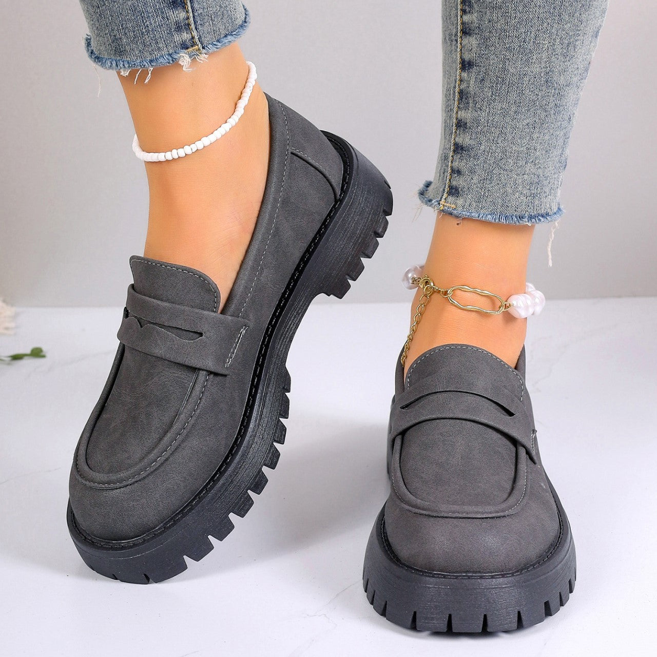 Fiorelle Women's Plus Size Retro Suede Loafers Slip-On Shoes with Chunky Heel Platform