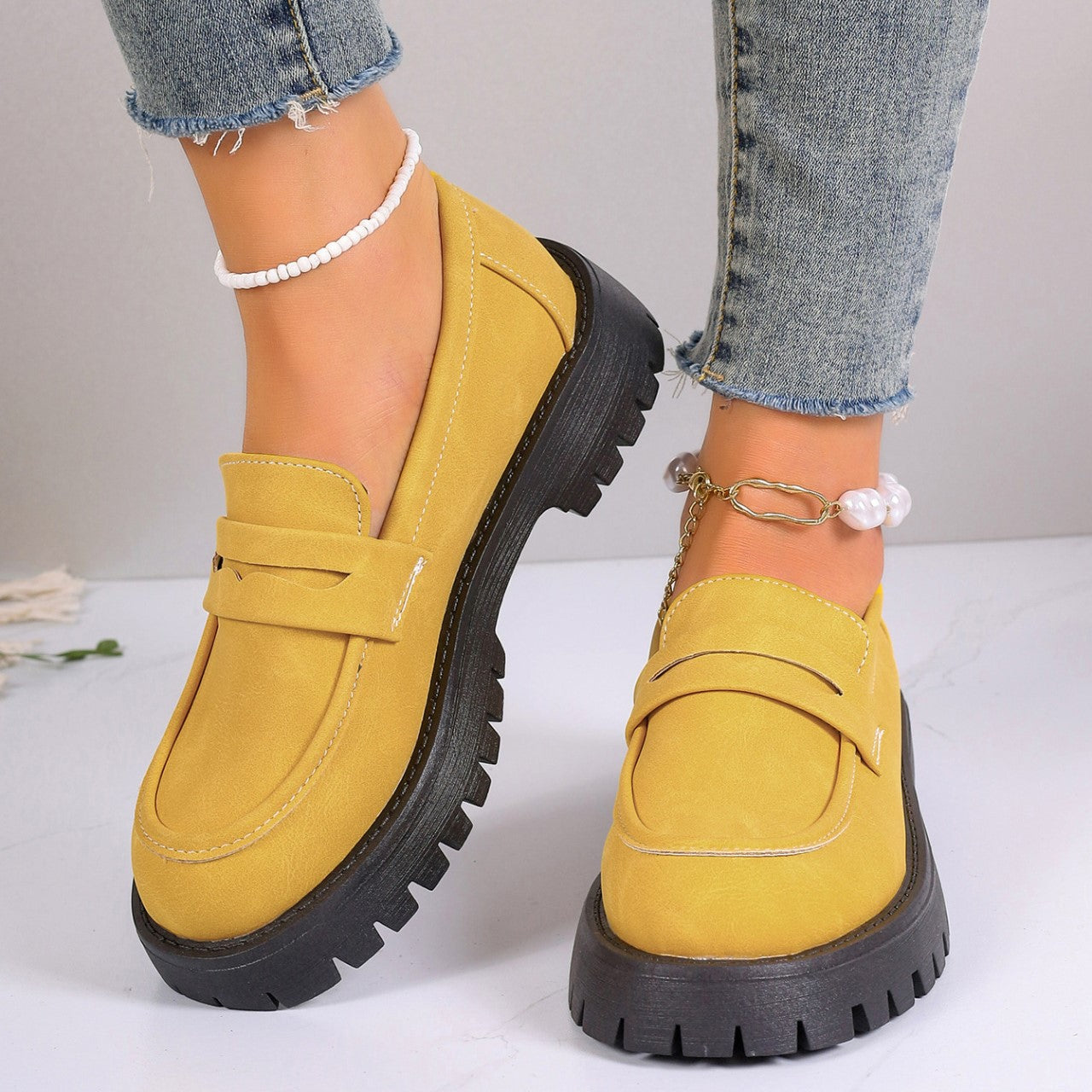 Fiorelle Women's Plus Size Retro Suede Loafers Slip-On Shoes with Chunky Heel Platform