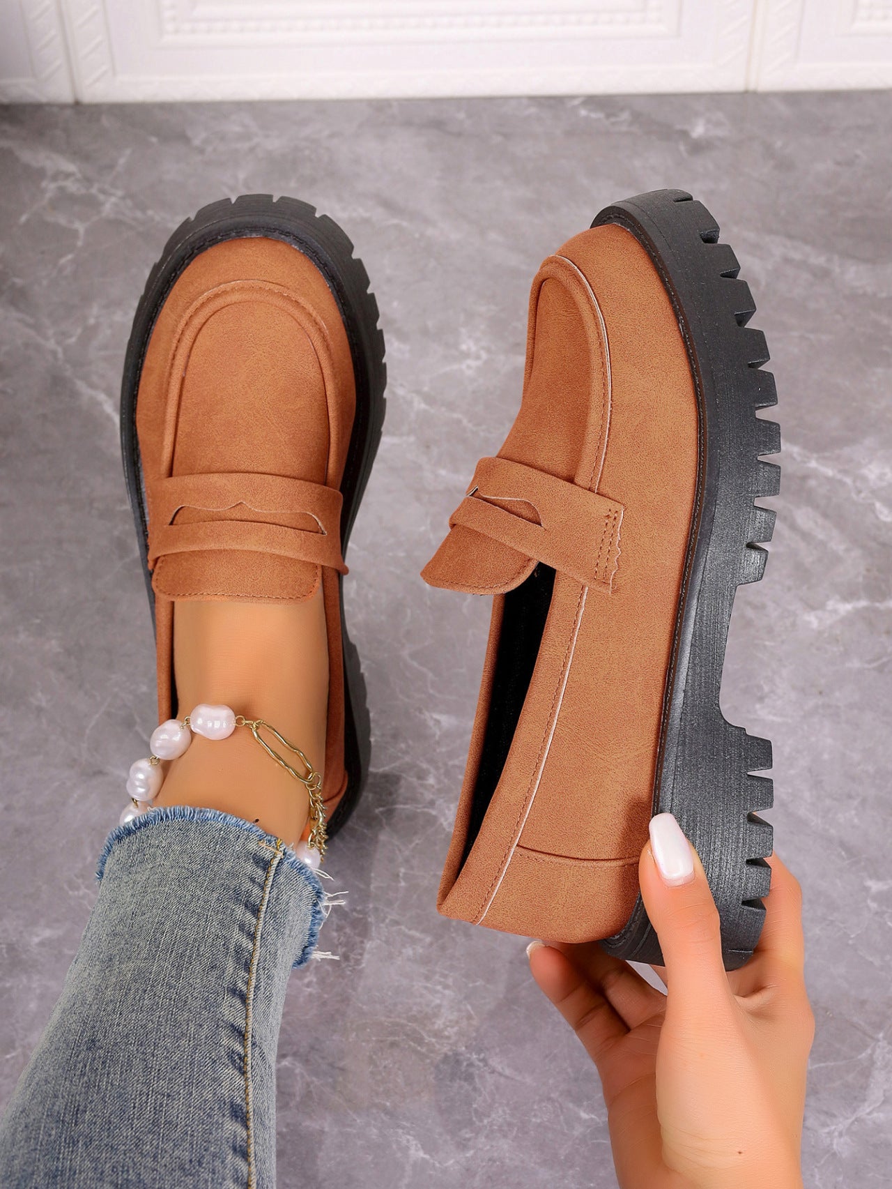 Fiorelle Women's Plus Size Retro Suede Loafers Slip-On Shoes with Chunky Heel Platform