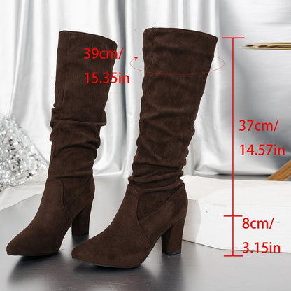 Fiorelle Women’s Suede ChunkyEdge Knee-High Boots – Pointed Toe Chunky Heel Tall Boots (US 4–10.5)
