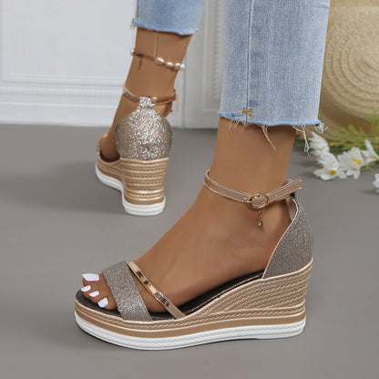 Fiorelle Women's Plus Size Rhinestone Platform Sandals – Peep-Toe Wedge Heel with Adjustable Ankle Strap, Chunky Beach Wedding Shoes