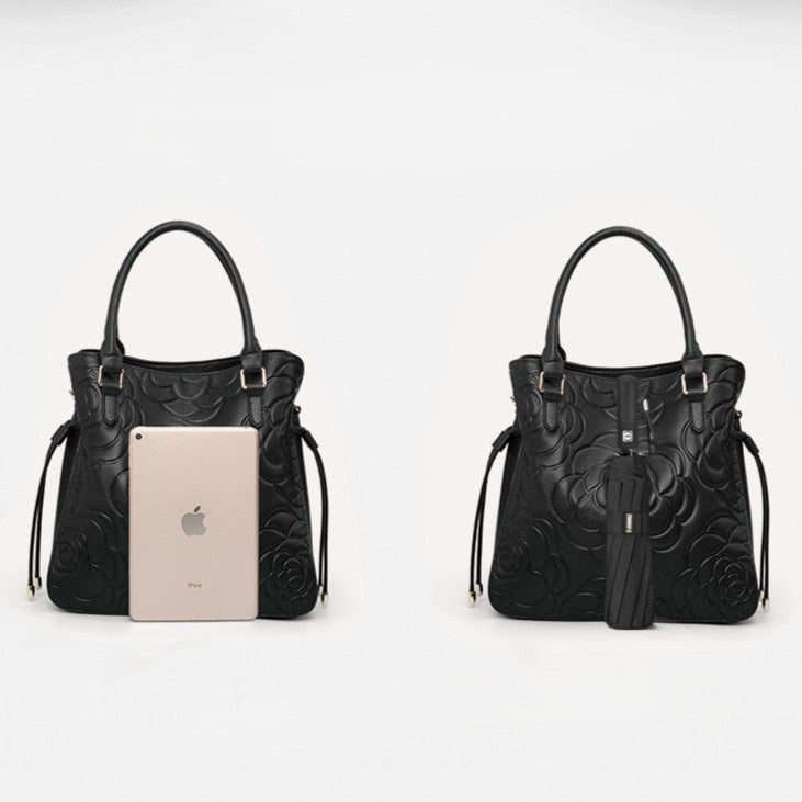 Fiorelle Women's Heritage Grain Tote - Full-Grain Leather Statement Carry with Hand-Pressed Motifs & Timeless Silhouette