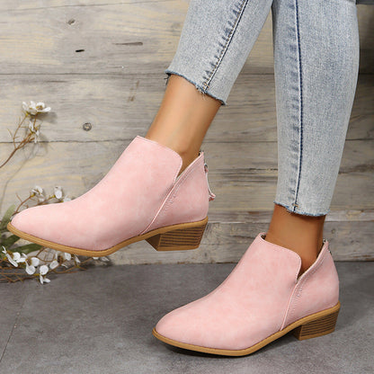 Fiorelle Plus Size Women's British-Inspired Solid-Color Pointed Toe Casual Fashion Boots with Rear Zipper & Low Chunky Hee