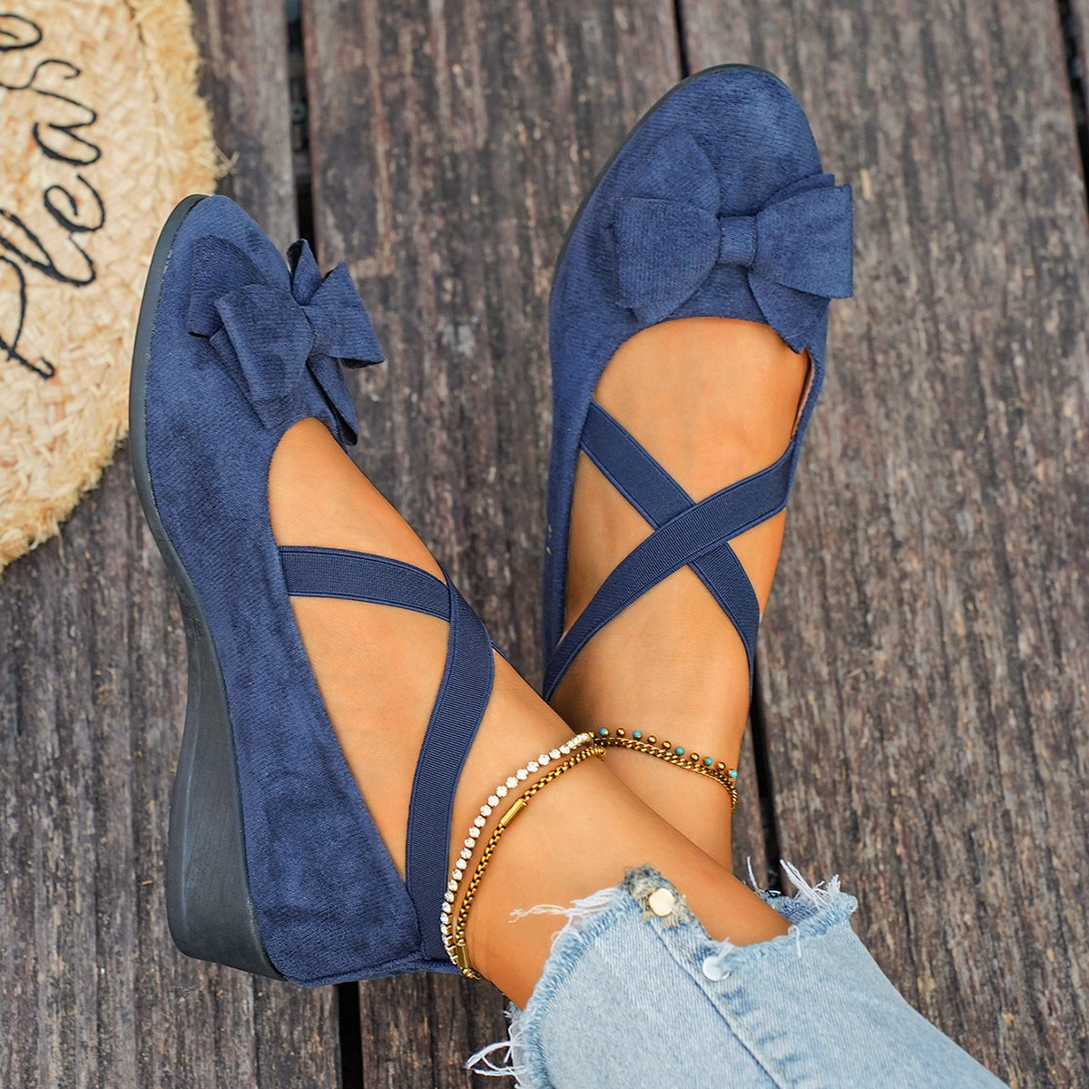 Fiorelle Women’s Elara Bow Suede Wedge Loafers – Elastic Cross-Strap Comfort Slip-Ons (US 5–10.5)