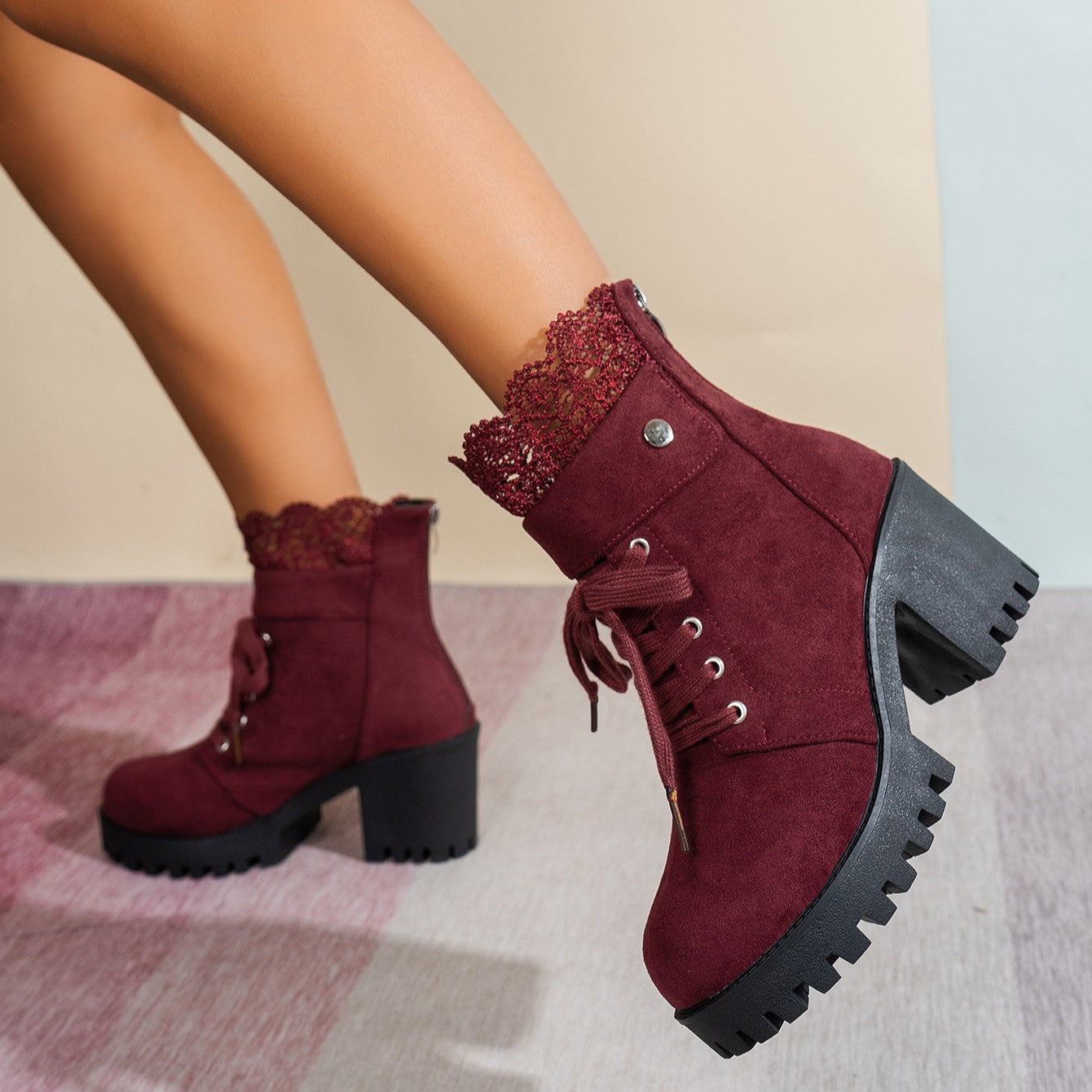 Fiorelle Women's Lace & Suede Heeled Boots - Chunky Heel Round Toe Vintage Ankle Boots (US 5-10.5)