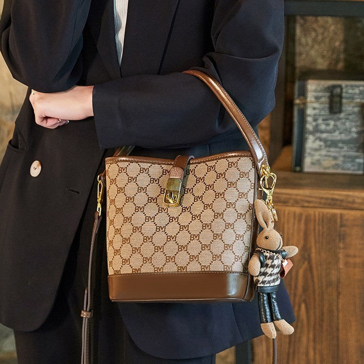 Fiorelle Women's Rabbit Muse Bucket Bag - Heritage Print & Crafted Leather Convertible Carry with Signature Charm & Optimized Capacity