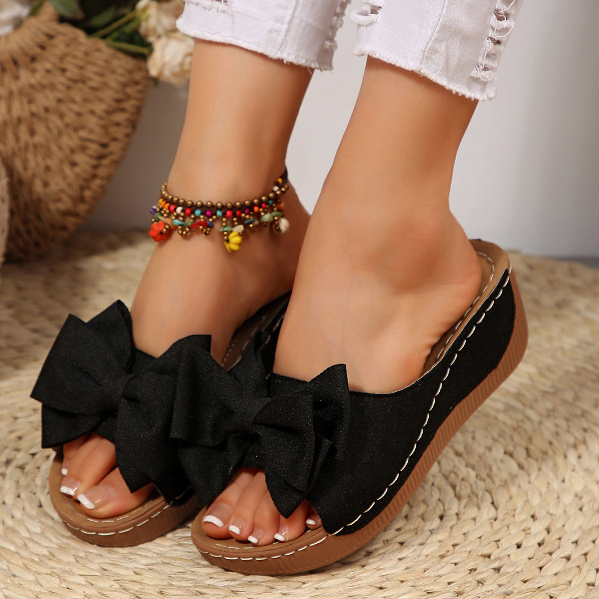 Fiorelle Women’s Liora Bow Flower Platform Wedge Slide Sandals – Peep-Toe Wide Strap Summer Slides (US 5–10.5)