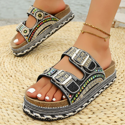 Fiorelle Women’s Calyra Rhinestone Platform Slide Sandals – Boho Metallic Buckle Rope Detail Resort Slides (US 5–10.5)