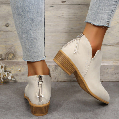 Fiorelle Plus Size Women's British-Inspired Solid-Color Pointed Toe Casual Fashion Boots with Rear Zipper & Low Chunky Hee