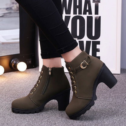 Fiorelle Women's Buckle Decorated Chunky Heel Ankle Boots - Side Zipper & Lace-Up Round Toe Mid-Calf Equestrian Boots (US 4-10)