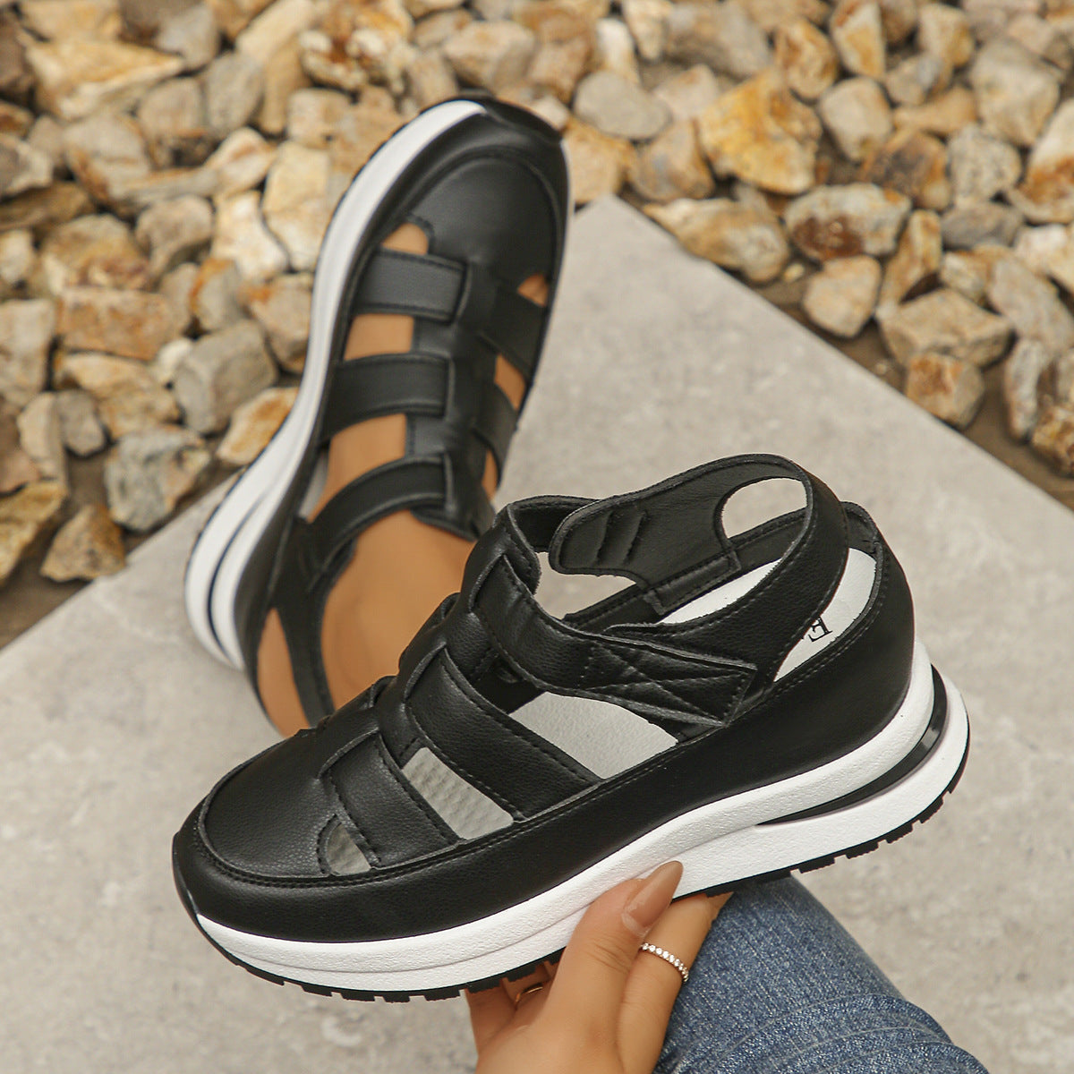 Fiorelle Women's Plus Size Hollow-Out Casual Sandals – Versatile Thin Platform with Height-Boosting Thick Sole