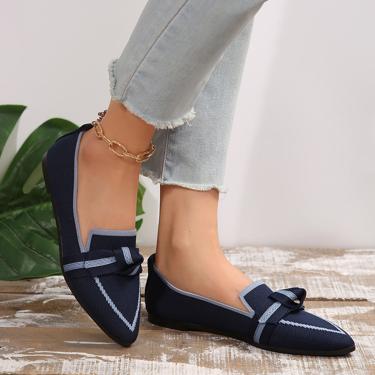 Fiorelle Women's Plus Size Knit Flat Loafers - Slip-On Bowknot Shallow Cut Lazy Work Shoes