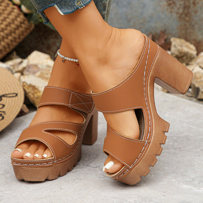 Fiorelle Women’s Alviera Cutout Block Heel Slide Sandals – Peep Toe Velcro Comfort Mules (US 4–10.5)