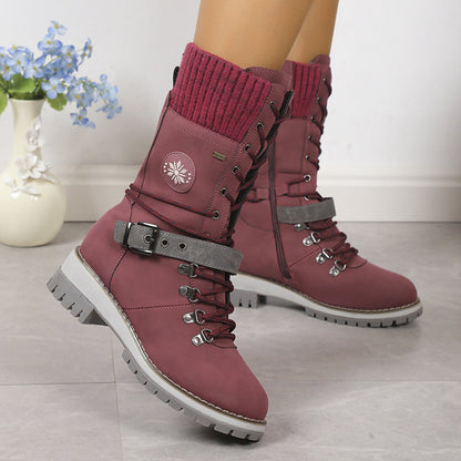 Fiorelle Women's Nordic Knit Combat Boot - High-Shaft Thermal Cotton Lined Snow Boots with Block Heel & Leather Accents Design (US 5-10.5)