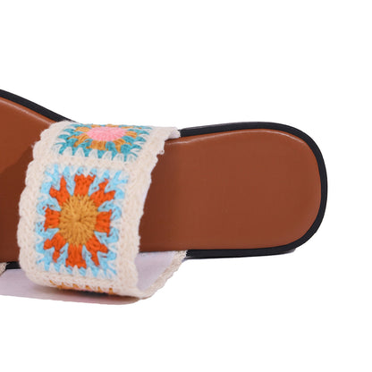 Fiorelle Women’s SunBloom Knit Flat Slides – Square-Toe Boho Embroidered Sandals (US 5–10)