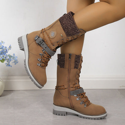 Fiorelle Women's Nordic Knit Combat Boot - High-Shaft Thermal Cotton Lined Snow Boots with Block Heel & Leather Accents Design (US 5-10.5)
