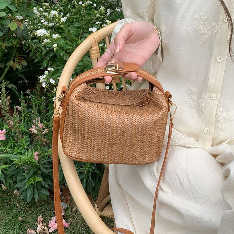 Fiorelle Women's Raffia Convertible Bowler — Summer Arc-Shoulder Bag with Artisan Woven Detailing