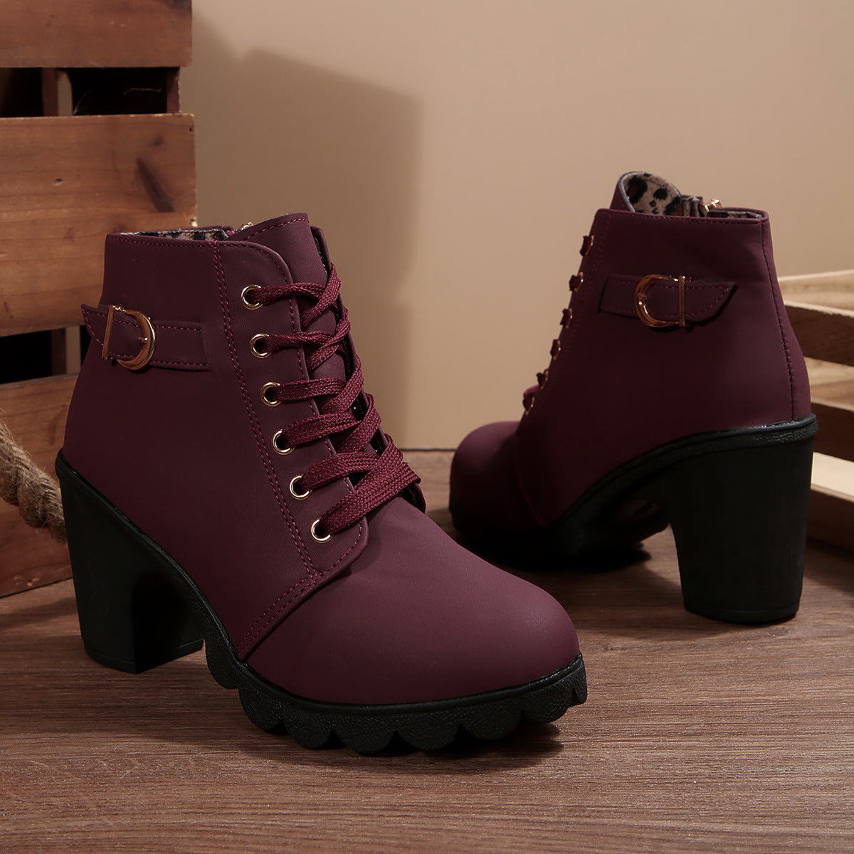 Fiorelle Women's Buckle Decorated Chunky Heel Ankle Boots - Side Zipper & Lace-Up Round Toe Mid-Calf Equestrian Boots (US 4-10)