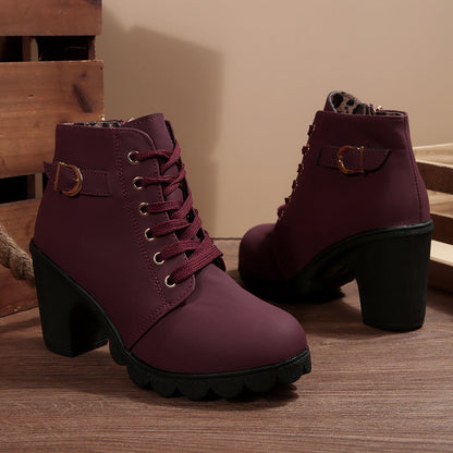 Fiorelle Women's Buckle Decorated Chunky Heel Ankle Boots - Side Zipper & Lace-Up Round Toe Mid-Calf Equestrian Boots (US 4-10)