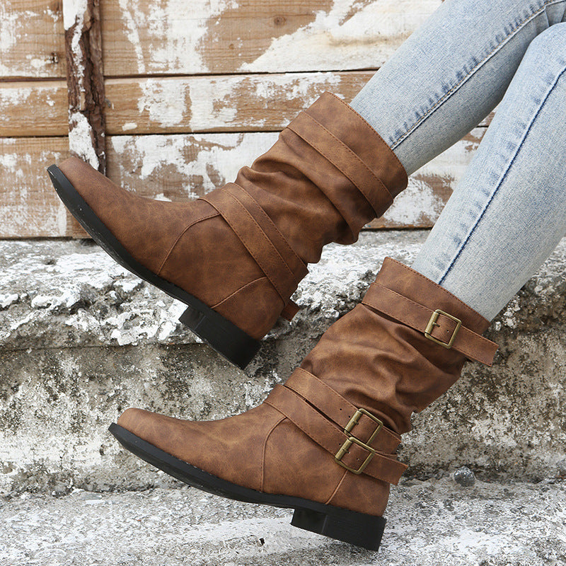 Fiorelle Women's Matte PU Buckle-Detailed Slouch Boots - Crushed Texture Stacked Mid-Calf Flat Boots (US 5-10.5)