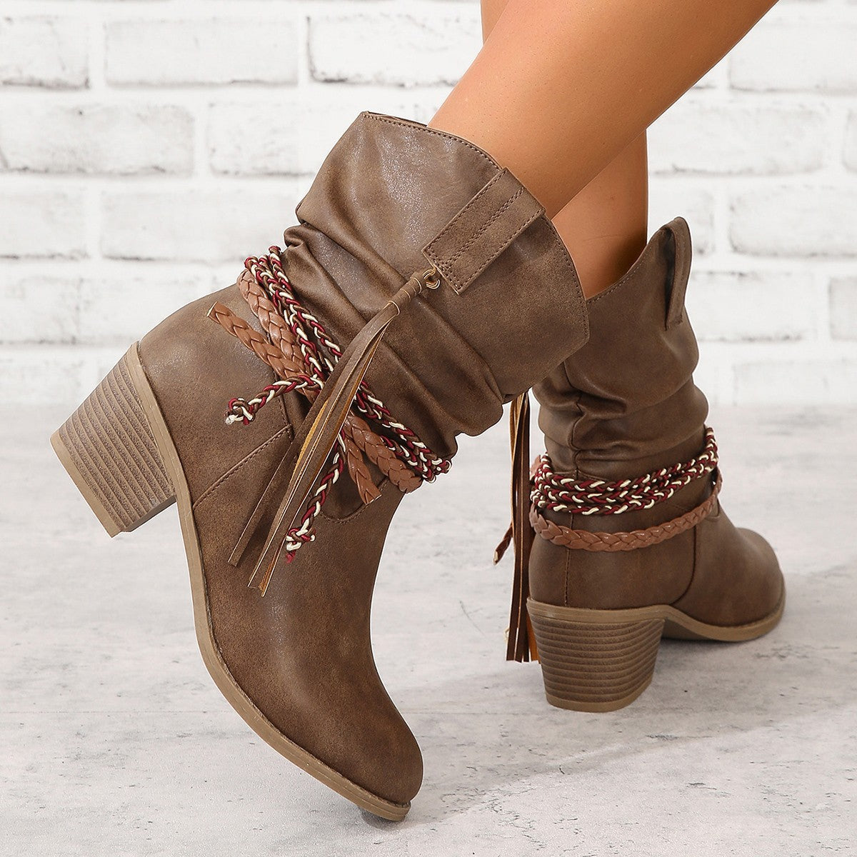 Fiorelle Women's Western Tassel Boots - Braided Buckle Cowboy Ankle Boots with Block Heel & Pointed Toe (US 5-10)