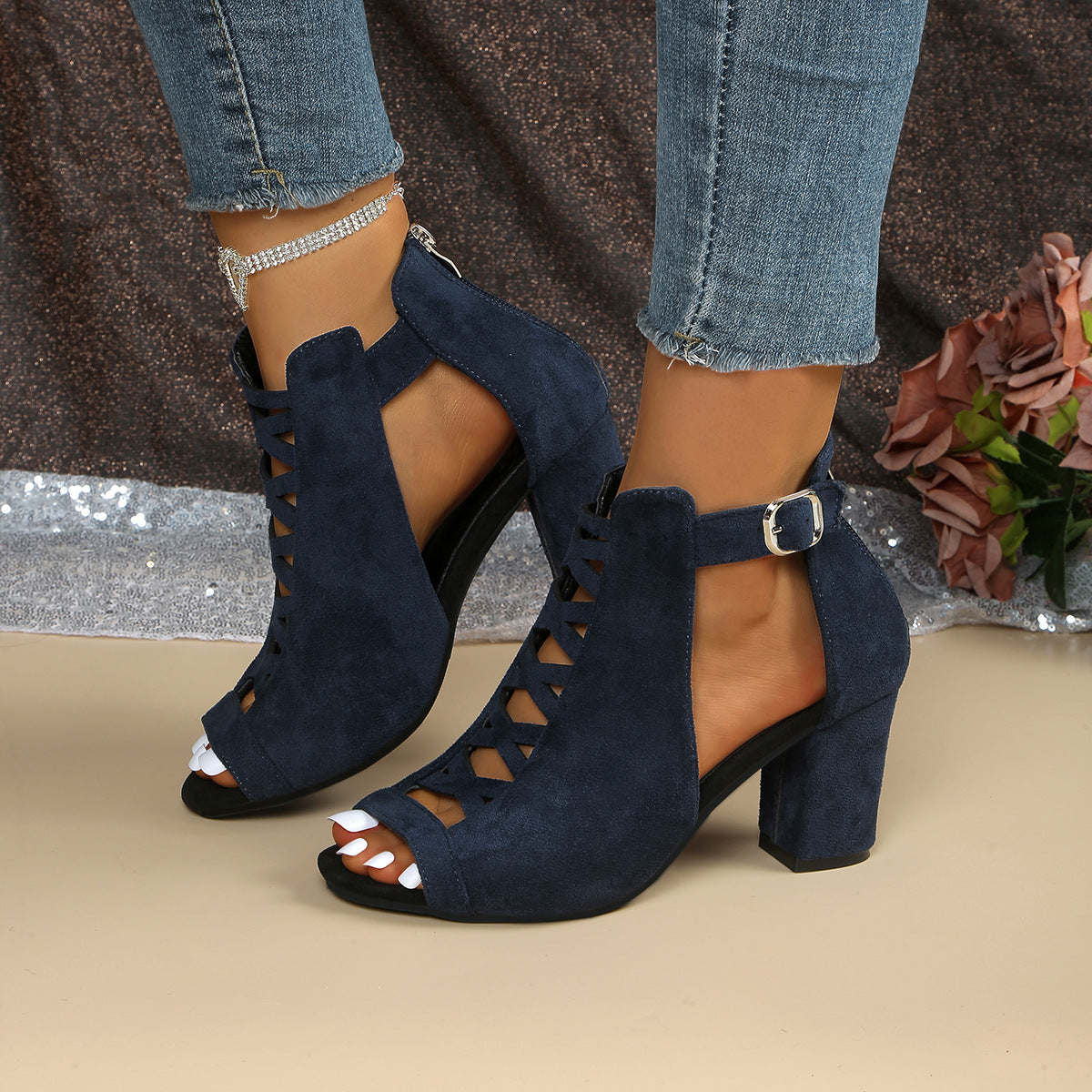 Fiorelle Women's Odette Suede Peep-Toe Cutout Bootie Sandals – Buckle Strap Chunky Heel Sophisticated Boot Sandals (US 3.5–11.5)