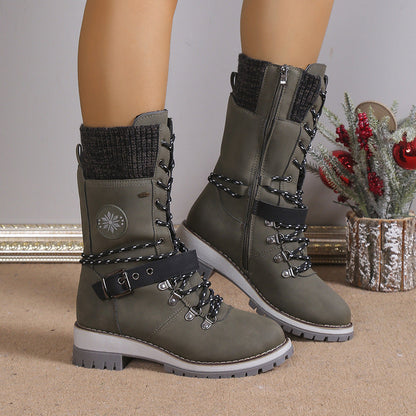 Fiorelle Women's Nordic Knit Combat Boot - High-Shaft Thermal Cotton Lined Snow Boots with Block Heel & Leather Accents Design (US 5-10.5)