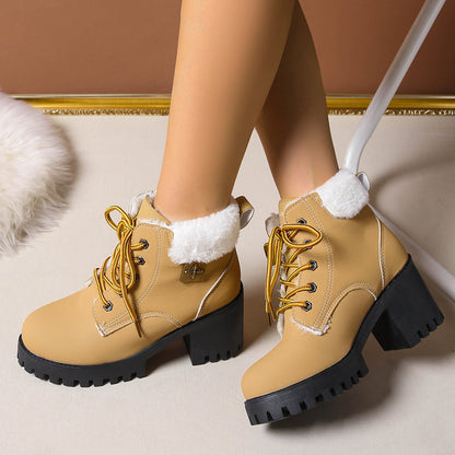 Fiorelle Women's Frosted Plush Combat Boot - Winter Lace-Up Ankle Boots with Block Heel & Commuter-Ready Grip (US 4-10)