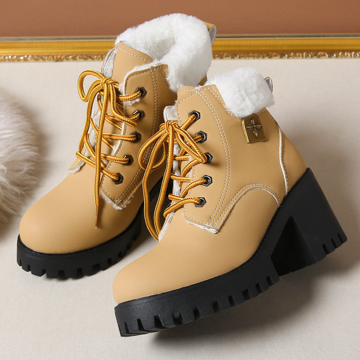 Fiorelle Women's Frosted Plush Combat Boot - Winter Lace-Up Ankle Boots with Block Heel & Commuter-Ready Grip (US 4-10)