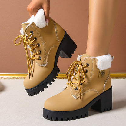 Fiorelle Women's Frosted Plush Combat Boot - Winter Lace-Up Ankle Boots with Block Heel & Commuter-Ready Grip (US 4-10)