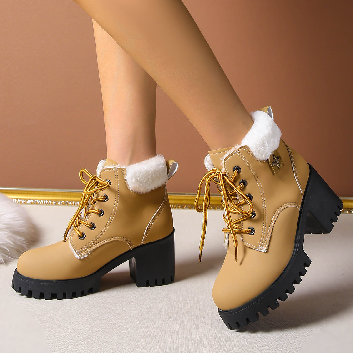 Fiorelle Women's Frosted Plush Combat Boot - Winter Lace-Up Ankle Boots with Block Heel & Commuter-Ready Grip (US 4-10)
