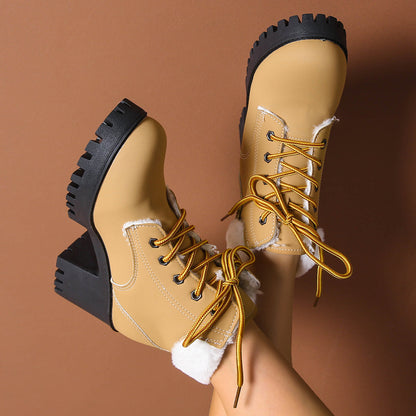 Fiorelle Women's Frosted Plush Combat Boot - Winter Lace-Up Ankle Boots with Block Heel & Commuter-Ready Grip (US 4-10)