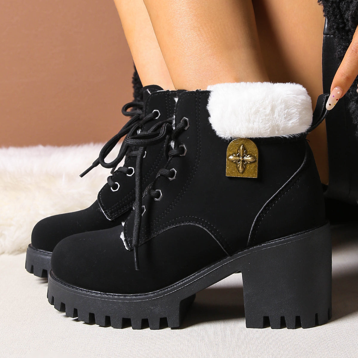 Fiorelle Women's Frosted Plush Combat Boot - Winter Lace-Up Ankle Boots with Block Heel & Commuter-Ready Grip (US 4-10)